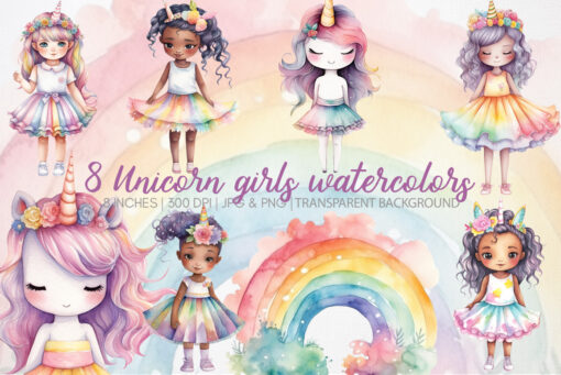 unicorn girls watercolor clipart
